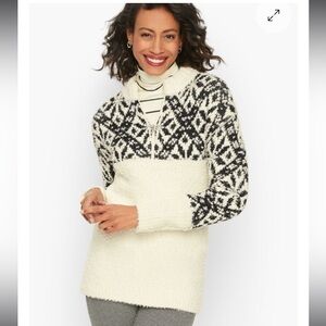Talbots Half-Zip Argylle Snowflakes Off White Black Cozy Sweater Size 1X Petite